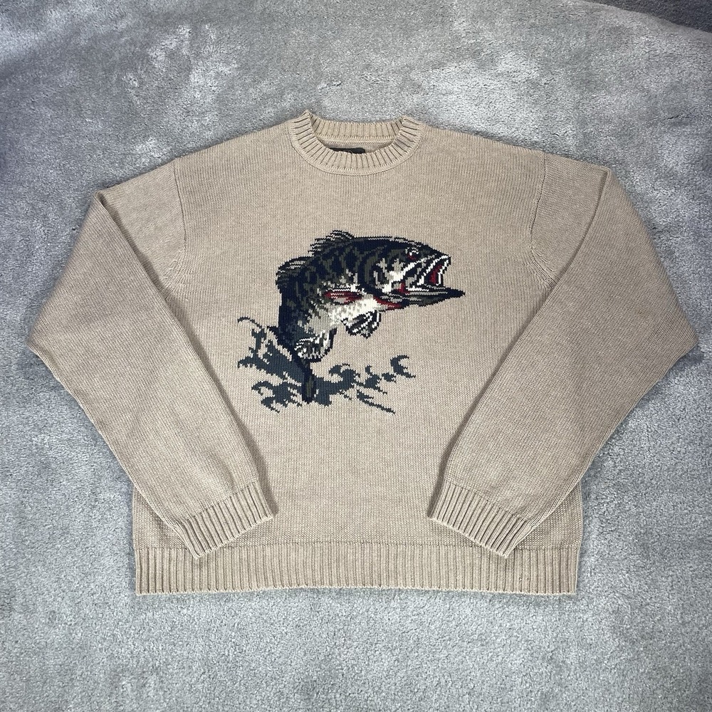 Vintage Redhead Sweater Mens 2XL Tan Knit Largemouth Bass Fishing Nature 90s